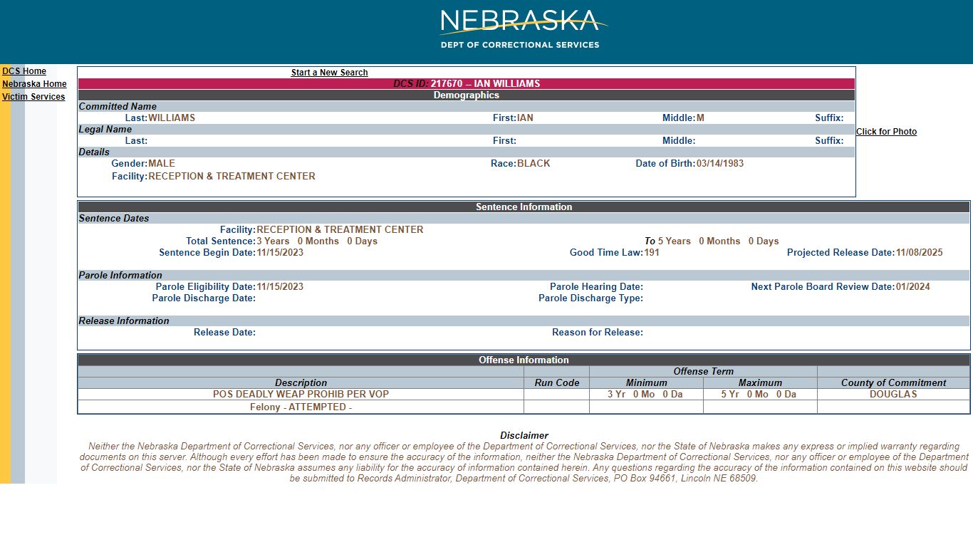 Nebraska Inmate Details